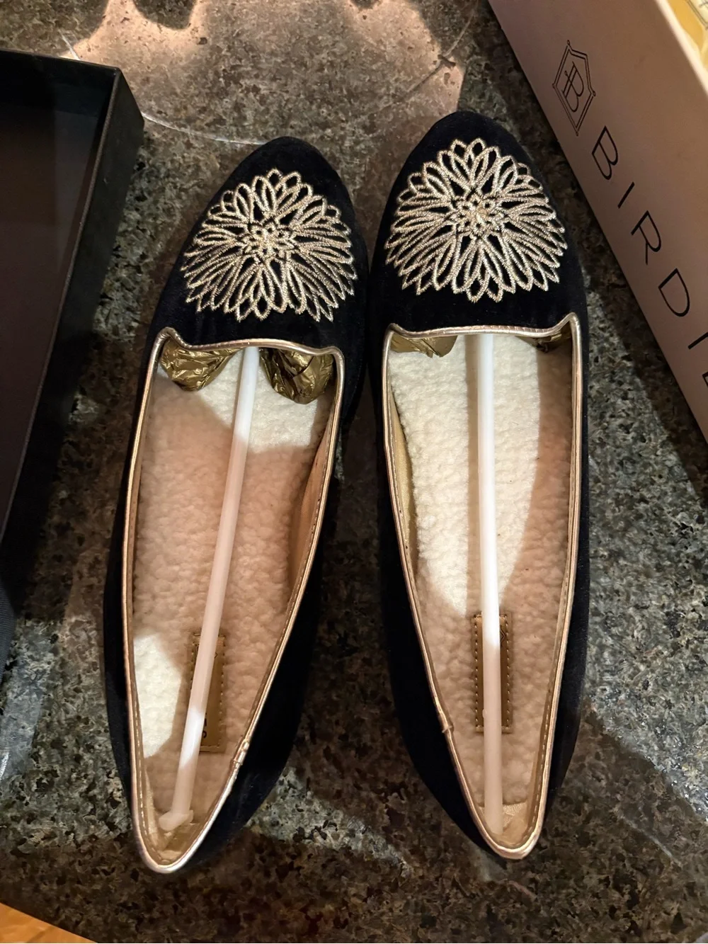 Birdies Black & Gold Embroidered Velvet Loafers and /or Slippers  Sherpa Lining
